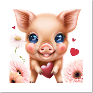 Cute Baby Piglet with a Valentine's Heart and flowers Posters and Art